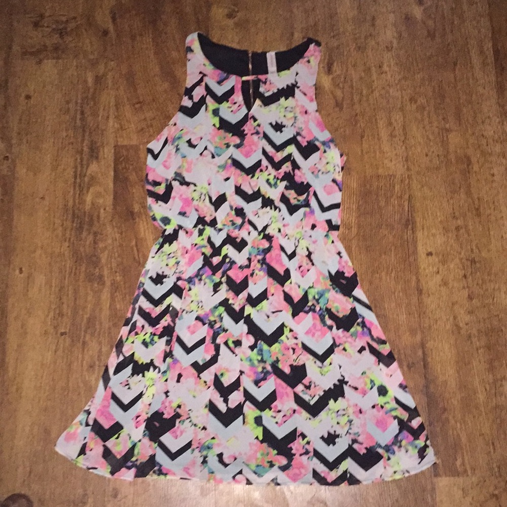 Neon floral colored black and white striped dress